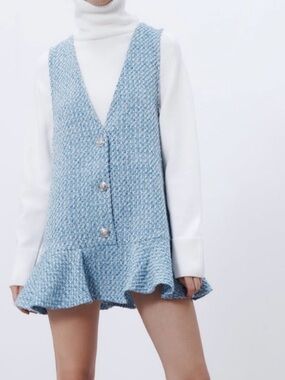 Zara Blue Tweed Vest Dress with Light Trim
